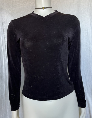Vintage Y2K 90s Slinky Stretch Top Black Sparkle Glam Goth Vampy Grunge Fairy S