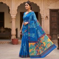 Sanskriti Vintage Saree Blue 100 Pure Crepe Floral Printed Sari 5.5 Yard Fabric