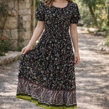 VTG Bohemian Black Floral Midi Dress Puff Sleeves Cottagecore Romantic Sz XS USA
