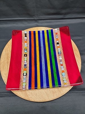 Vintage Murano Style Milliefiore Fused Art Glass Trinket Dish Tray 7.75x7.75