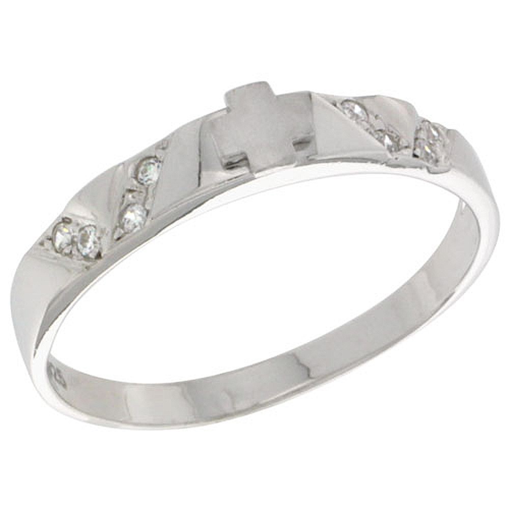 925 Sterling Silver Ladies CZ Cross Wedding Band Ring, 1/8 Inch (3mm) Wide
