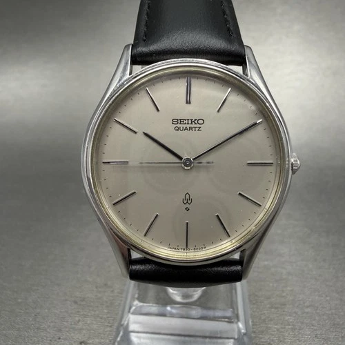 Seiko Watch Men 33mm Silver Dial Silver Tone Round 7830-8030 Leather New Battery