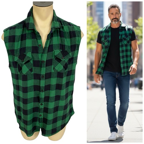 Counter Intelligence Sleeveless Flannel Shirt Mens XL Green Buffalo Plaid Biker