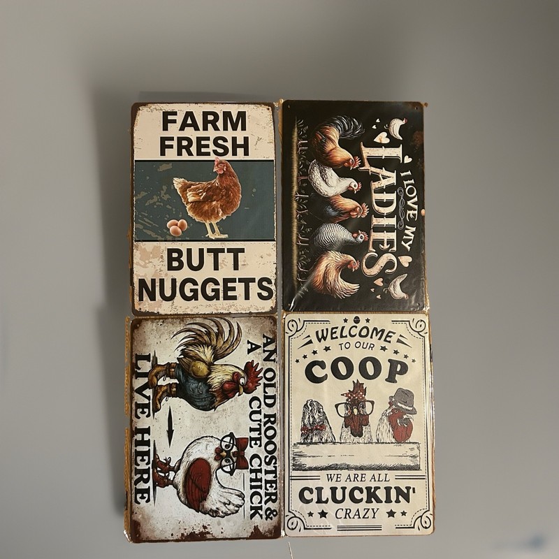 Lot of 4 Funny Chicken Metal Signs Farmhouse Wall Decor Humor Art