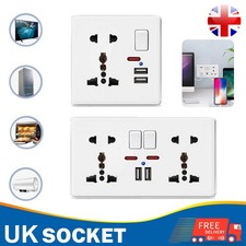 Double Wall Plug Socket 13A with Twin USB Ports 2 Gang Outlets Switched Plate UK