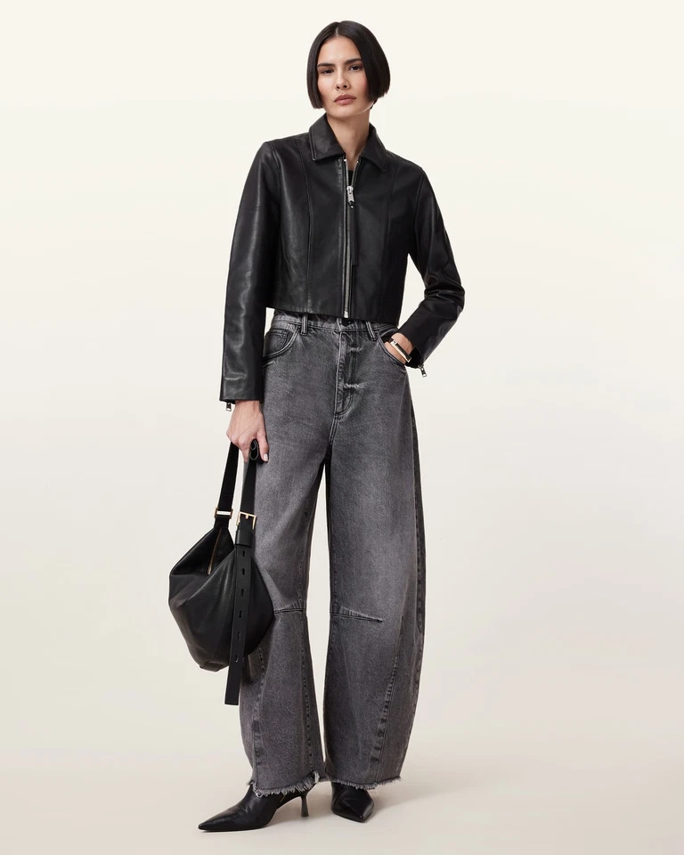 AllSaints Women's Alma Jacket Cropped Black Sheep Leather Zip Through Size UK 8