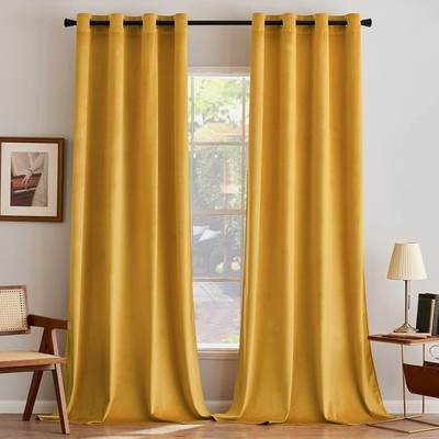 Mustard Yellow Velvet Curtain Eyelet Set of 2 140X280, Opaque Curtains Velvet for Schl...
