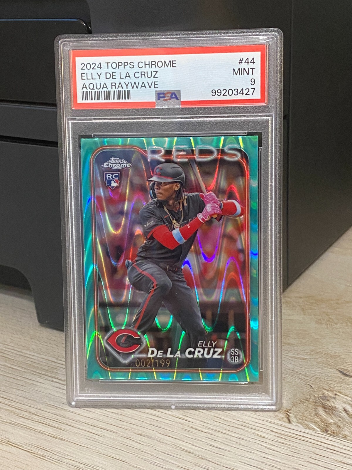 2024 Topps Chrome #44 Elly De La Cruz Aqua RayWave RC 002/199 PSA 9