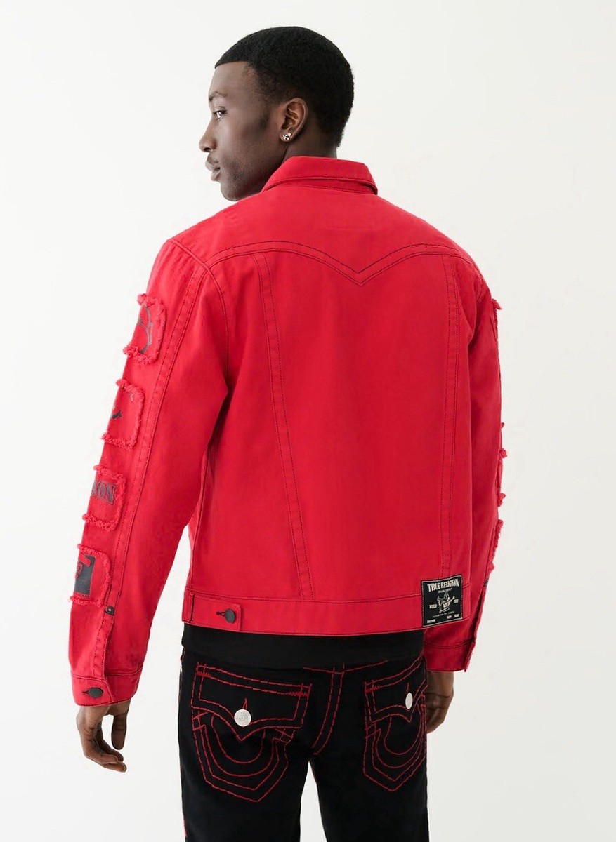 NEW MENS Medium RED TRUE RELIGION JIMMY FRAYED PATCH DENIM JACKET