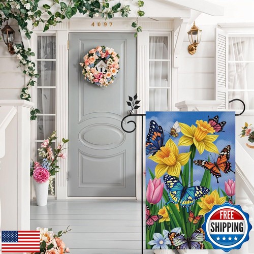 Spring Colorful Butterfly Flower Garden Flag 12x18 Double-sided Burlap Welcom - Picture 2 of 3