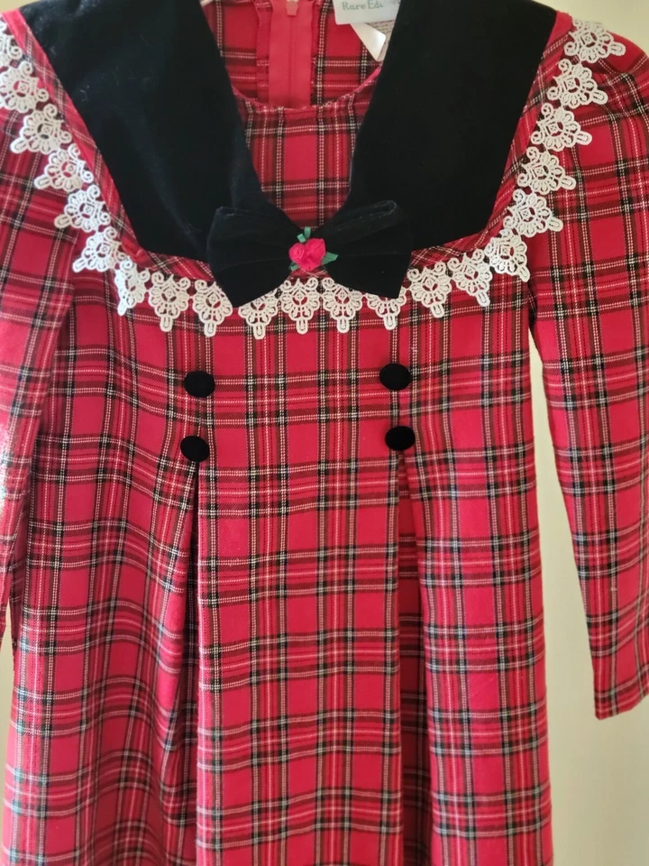 Rare Editions Dress Sze 7 Red Plaid Velvet Collar Lace Holiday Christmas Party - Image 2 of 4