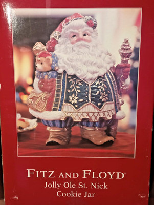 FITZ AND FLOYD - CHRISTMAS Jolly St. Nick Santa Cookie Jar- Staff and Teddy ~NEW