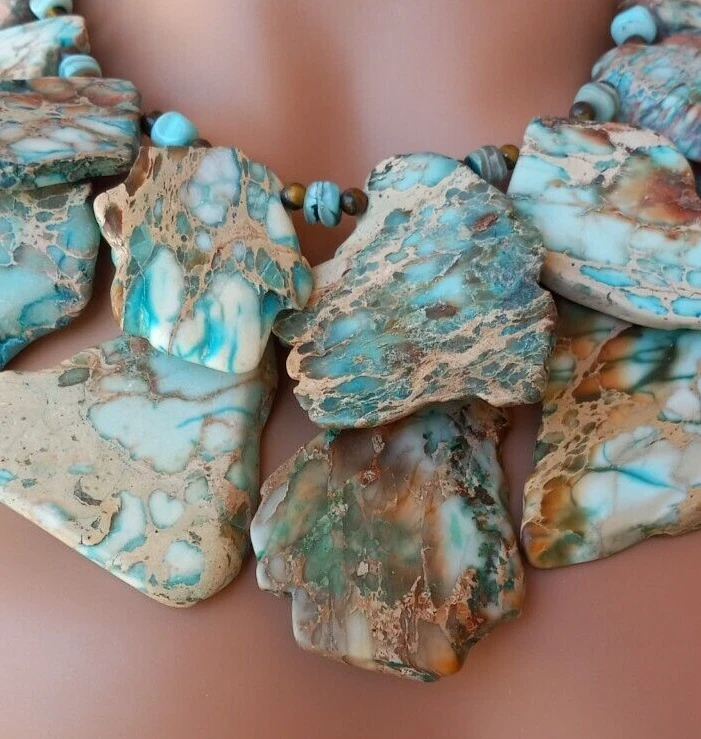 Impression Jaspe Azul Marrón Losa Amazonita Ojo de Tigre Enorme Doble Hilo 273G Foto 3 de 4