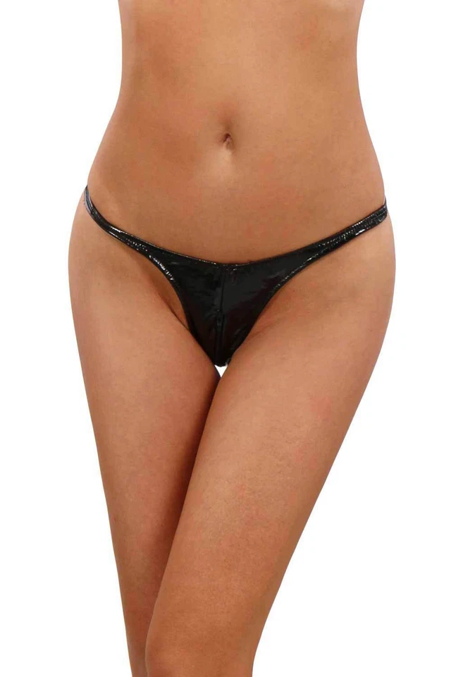 Damen G-String aus Lackleder-Imitat mit Zipper Schwarz #UW318 - Bild 2 von 3