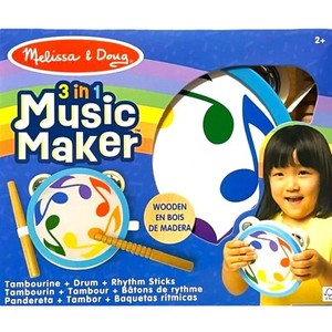MELISSA & DOUG 3-in-1 MUSIC MAKER SET Wood TAMBOURINE/DRUM & RHYTHM STICKS ~ New