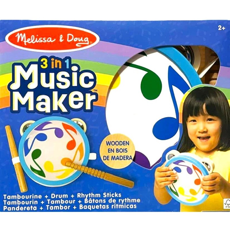 MELISSA & DOUG 3-in-1 MUSIC MAKER SET Wood TAMBOURINE/DRUM & RHYTHM STICKS ~ New