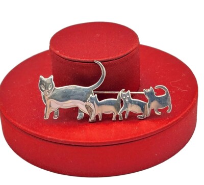 Vtg Brooch Pin Cat Mom Kittens Designer Signed Sterling Silver 925 Jewelry