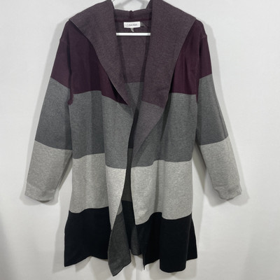 Calvin Klein Womens S Long Cardigan Hood Open Front Sweater Duster Purple  Gray