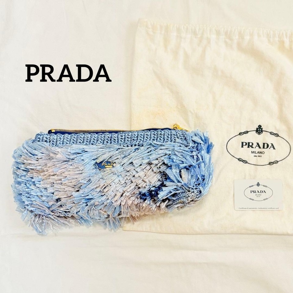 PRADA Archive Raffia Fringe Clutch Bag Blue Light Blue Summer Resort Style