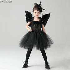 Girls Black Swan Costume Feather Ballet Tutu Children Role Playing Swan Demon