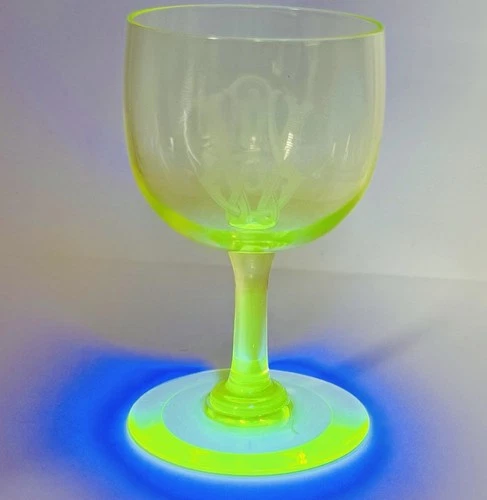 Antique Uranium Glass Wine Goblet Etched Monogram Hand Blown Vaseline 4 3/8”