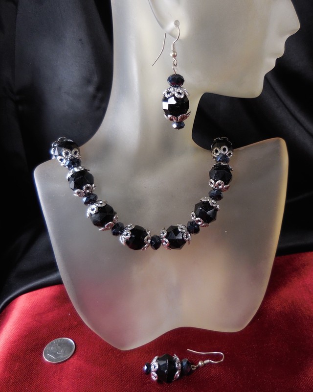 Heavy Onyx Stone Vintage beads Jewelry SET Necklace Earrings Handmade