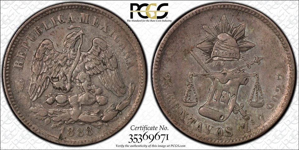 1888 Zs Z MEXICO 25 CENTS PCGS XF 40 SILVER Pop 1. Two Higher - Image 3 of 3