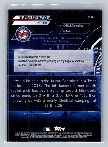 2018 Bowman #-SG Stephen Gonsalves Chrome #BowmanTrending Mojo Refractor - Picture 2 of 2