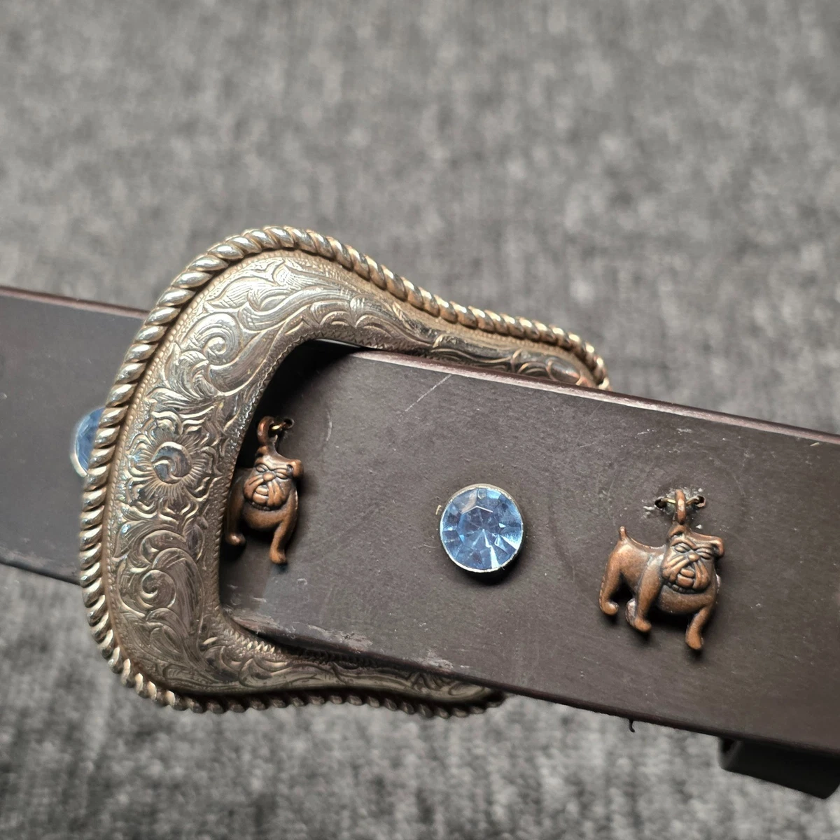 J. Foss Blue Textured Leather Belt Engraved Silver Buckle with charms Western Floral Embossed Enameled Blue Silver Tone, Blue  main image 4