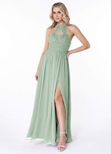 Azazie Prue halter lace bridesmaid dress agave size A2 petite length