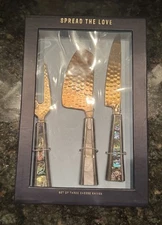 Anthropologie “Spread The Love” Cheese Knife Set of Three Gold Abalone Handle