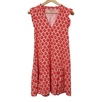 Boden Orange White Fan Pattern Flutter Sleeve V-Neck Ruffle Bottom Shift Dress 8