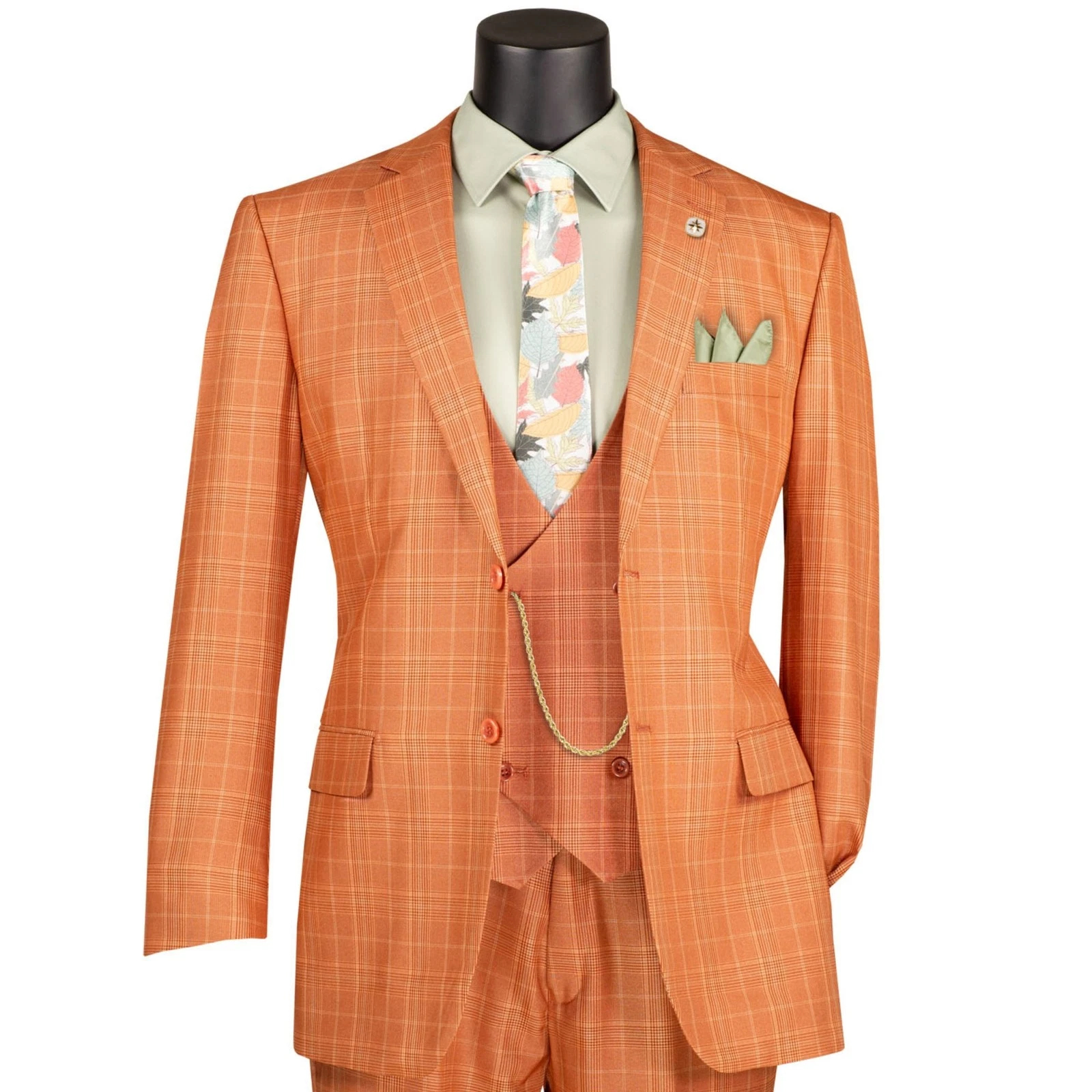 VINCI Men's Rust Sharkskin Glen Plaid 3 Piece Classic Fit Suit - NEW
