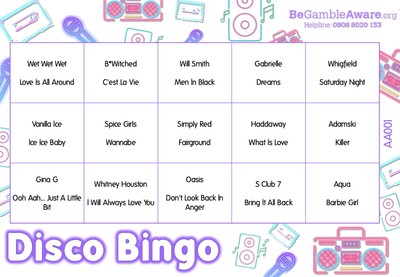 Fun Music Game Disco Bingo - 1990 s Theme 500 Tickets