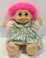 Troll Doll Floral Dress Soft Body 12" Vintage EUC Pink Hair Russ Berrie