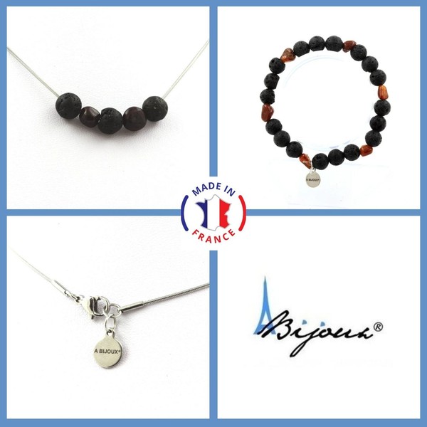 Schmuckset Armband Halskette Perlen Lava 8 Mm + Granat Personalisierte GrößE-image