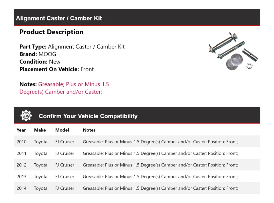Kit de rueda de alineación/camber delantero MOOG 2010-2014 Toyota FJ Cruiser 2010 Foto 2 de 4
