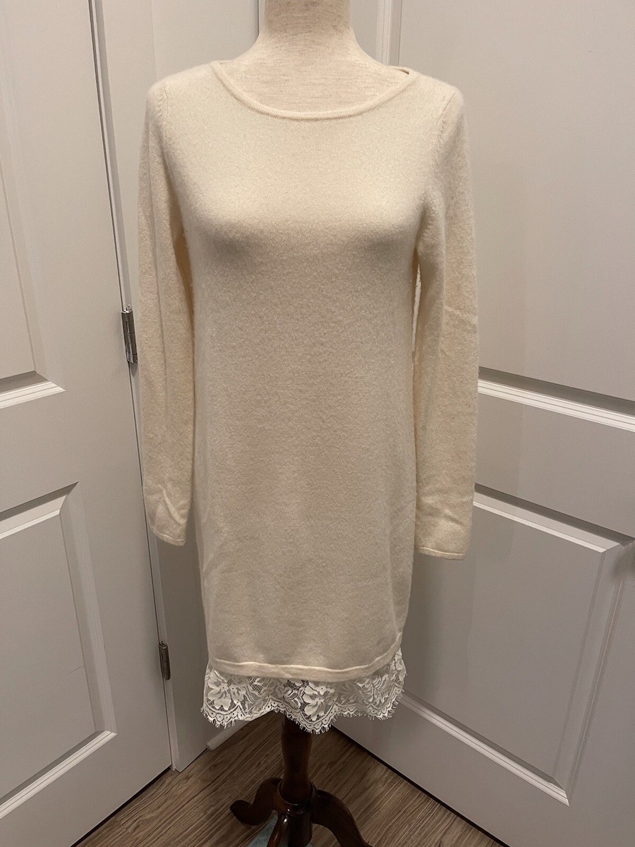 EUC Neiman Marcus Women's Cream Cashmere Sweater Dress Size Med Lace  Hemline | eBay
