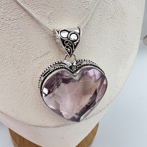 925 Sterling Silver Rose Quartz Heart Necklace Pendant Gemstone Jewelry Womens