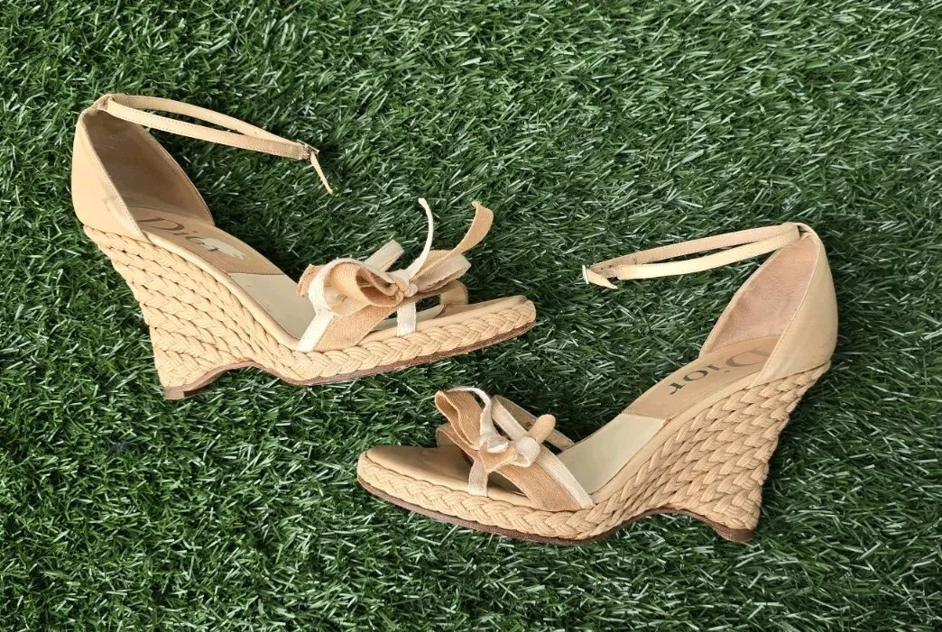 Sandales à talons compensés vintage Dior bout ouvert beige espadrilles pointure eu 37 1/2 us 6 1/2