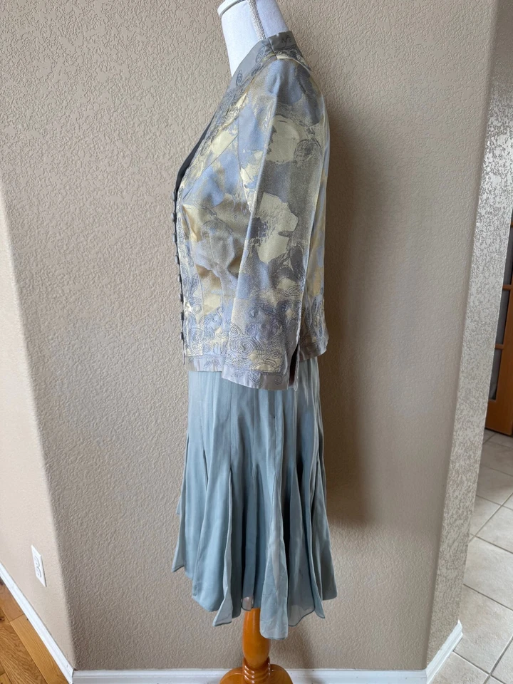 Carmen Marc Valvo Falda Traje Talla 8 Blazer Conjunto Chaqueta Seda Mujer Polvoriento Azul Verde Foto 4 de 4