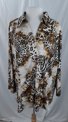 Essentials By Milano Women's 1X Animal Leopard Print Button Front Blouse Stretch