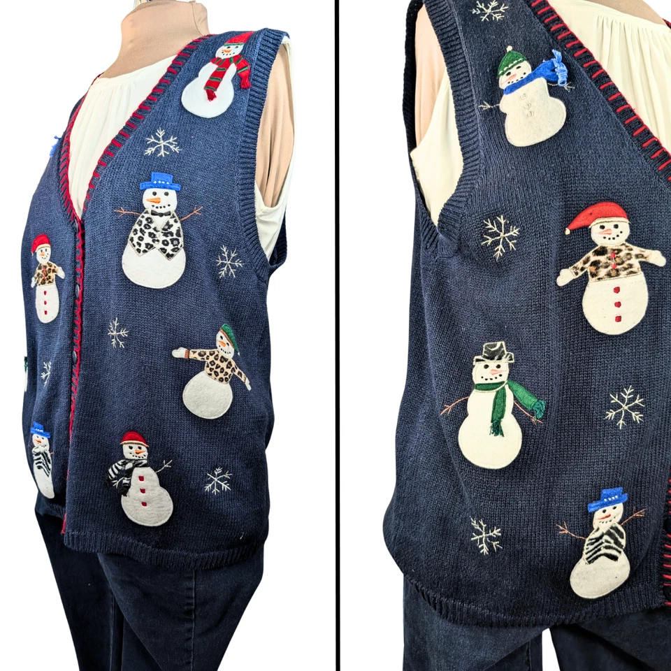 Para mujeres 1X Muñeco de Nieve Azul Marino Navidad Vacaciones Mezcla de Algodón Suéter Chaleco Foto 3 de 4