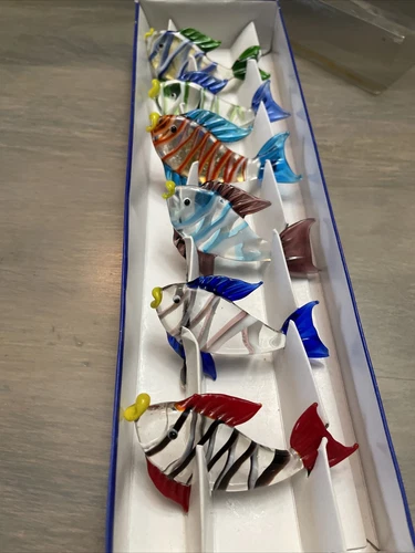 Murano Glass Campanella SCARL Italy fish boxed set 6 fish 2 gold backed vintage