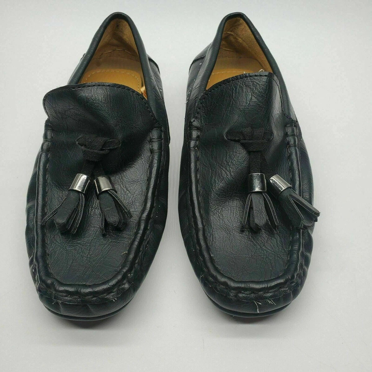 Mario Lopez Grant Boys Tassel Loafers Size 11 Black Leather Slip on Dress Shoes