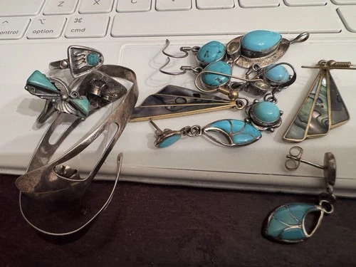 VTG Signed Sterling Silver SW Lot Turquoise Earrings Rings Pendant, 1 pr Alpaca