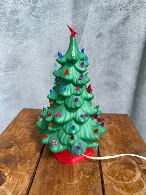 Vintage Lighted Ceramic Christmas Tree 11'' Green Tree Red Base Star Topper