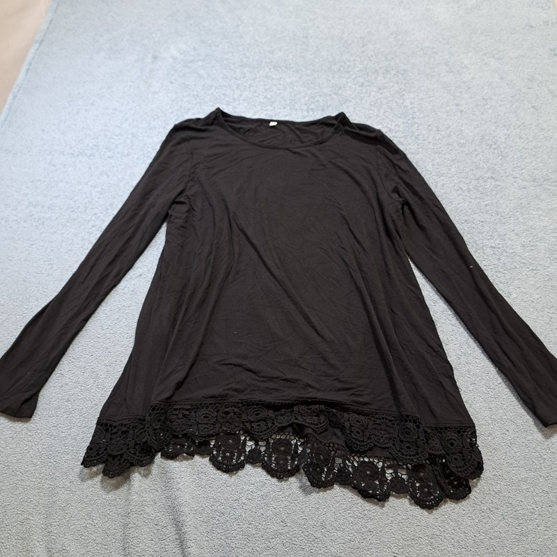 Black Long-sleeve Lace-trim Tunic Top Womens Size 2XL Round Neck Outdoor