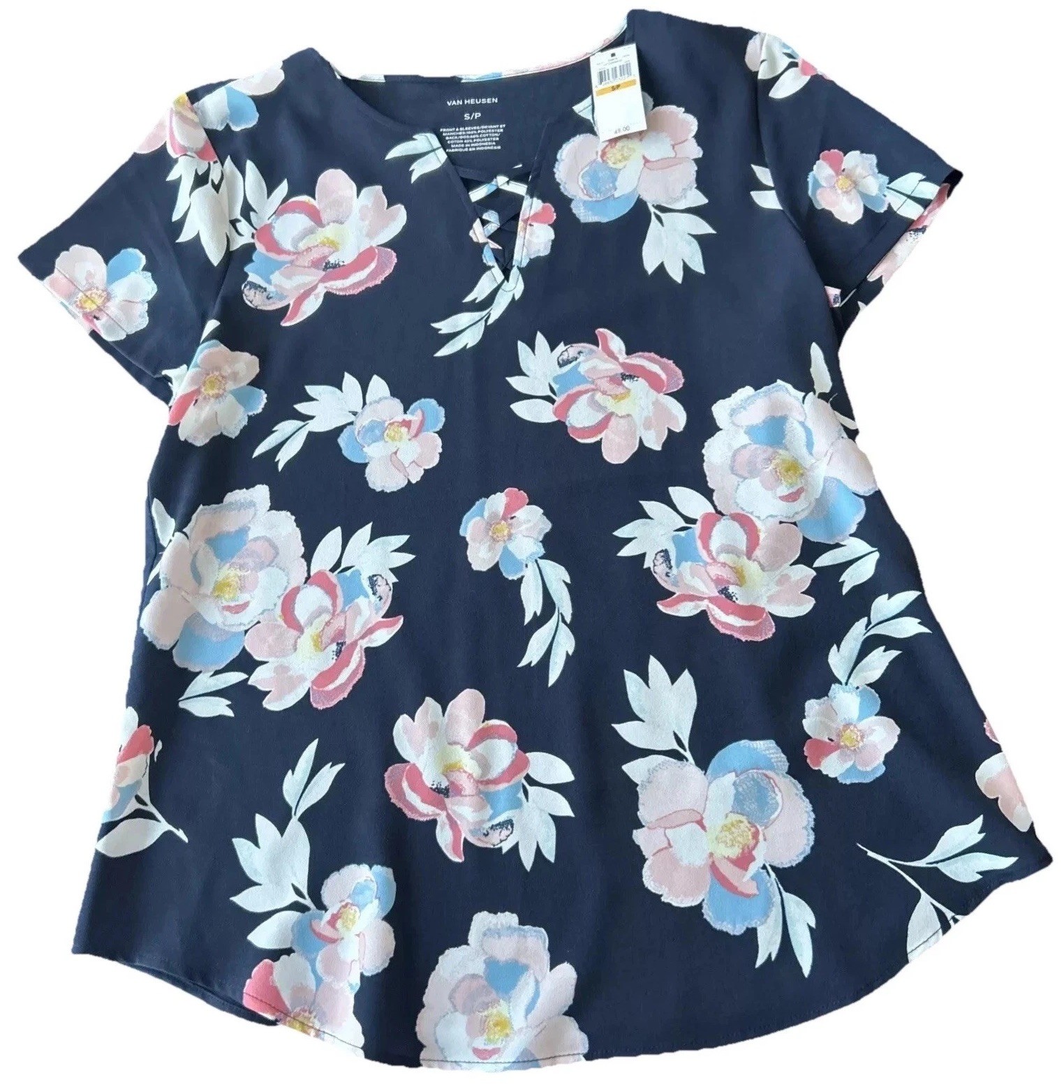 New Women’s Van Heusen Top S Navy Pink Floral V Criss Cross Neck SS Layering