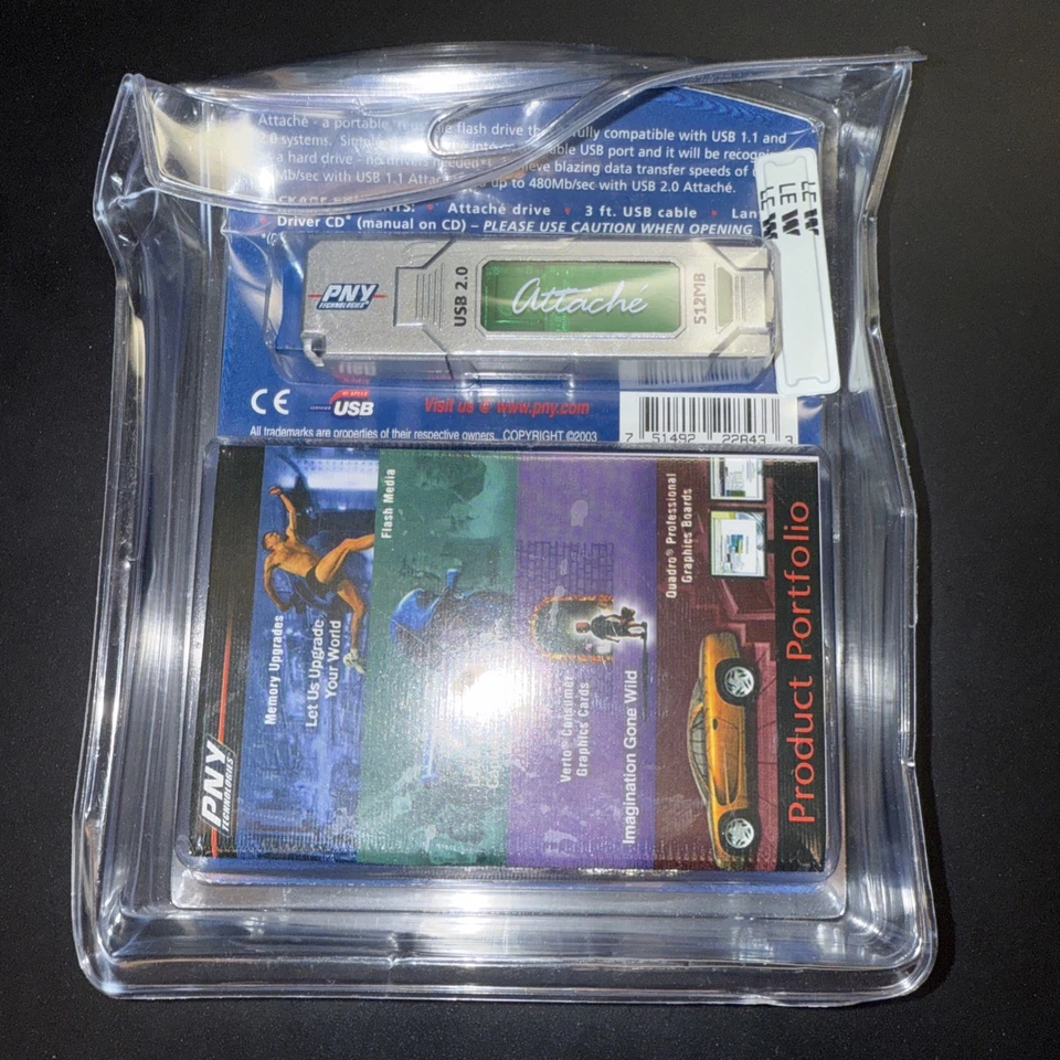NEW PNY 512MB Attaché Flash Drive USB Sealed w/ 3ft USB 2.0 Cable Memory Stick - Image 2 of 2